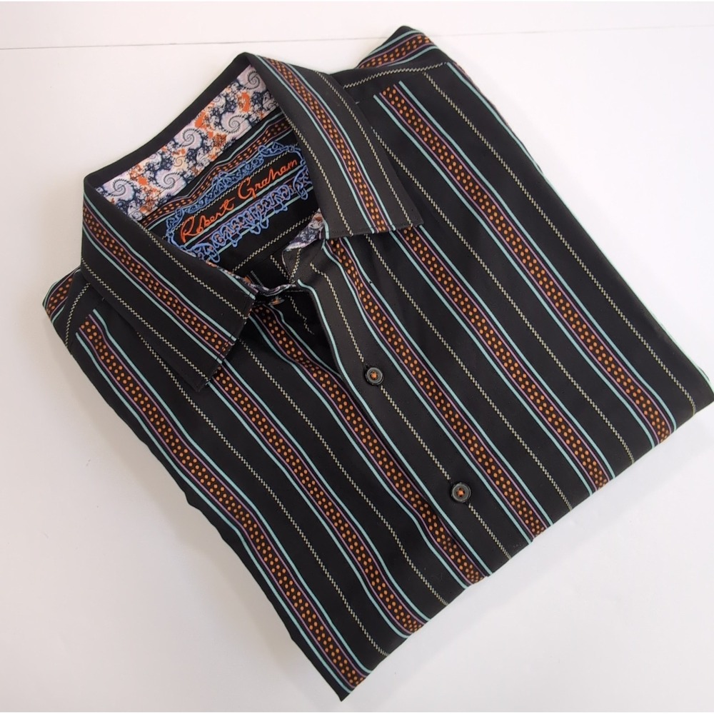 Robert Graham Flip Cuff Shirt Mens XL Classic Fit Black Orange Teal Paisley